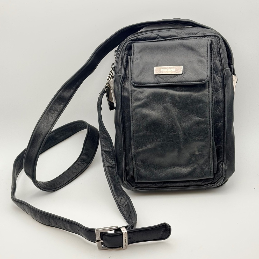 Vintage Perlina Black Leather Crossbody Bag with Built in Wallet Adj Strap